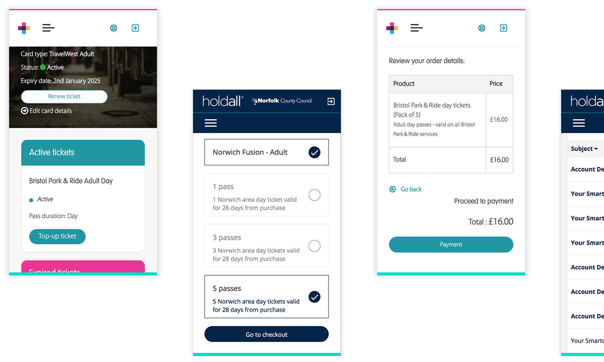 Screen shots from smart ticketing portals, showing active tickets, buying a product, order review and messages.